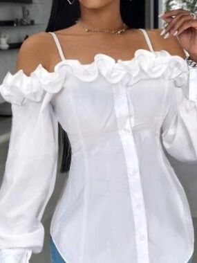 Chicme white off the shoulder blouse with ruffled neckline and long sleeves, siz